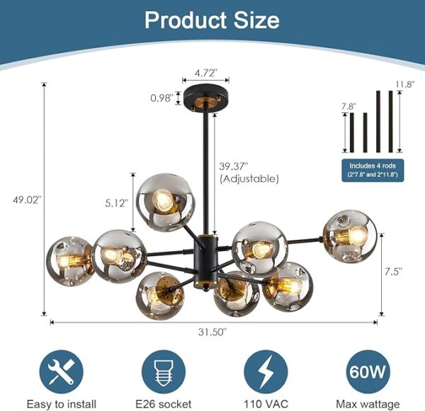 Sputnik Chandelier for Ceiling Light Fixture of 8 Arm Stilnovo style Dining Room Home Decor mid century modern Italian lamp - Image 2